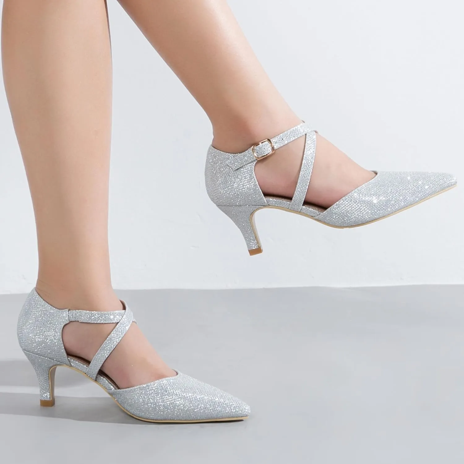 Women's Low Kitten Heels Pointed Toe Pumps Cross Strap Closed Toe D'Orsay Dress Wedding Bridal Party Office Shoes