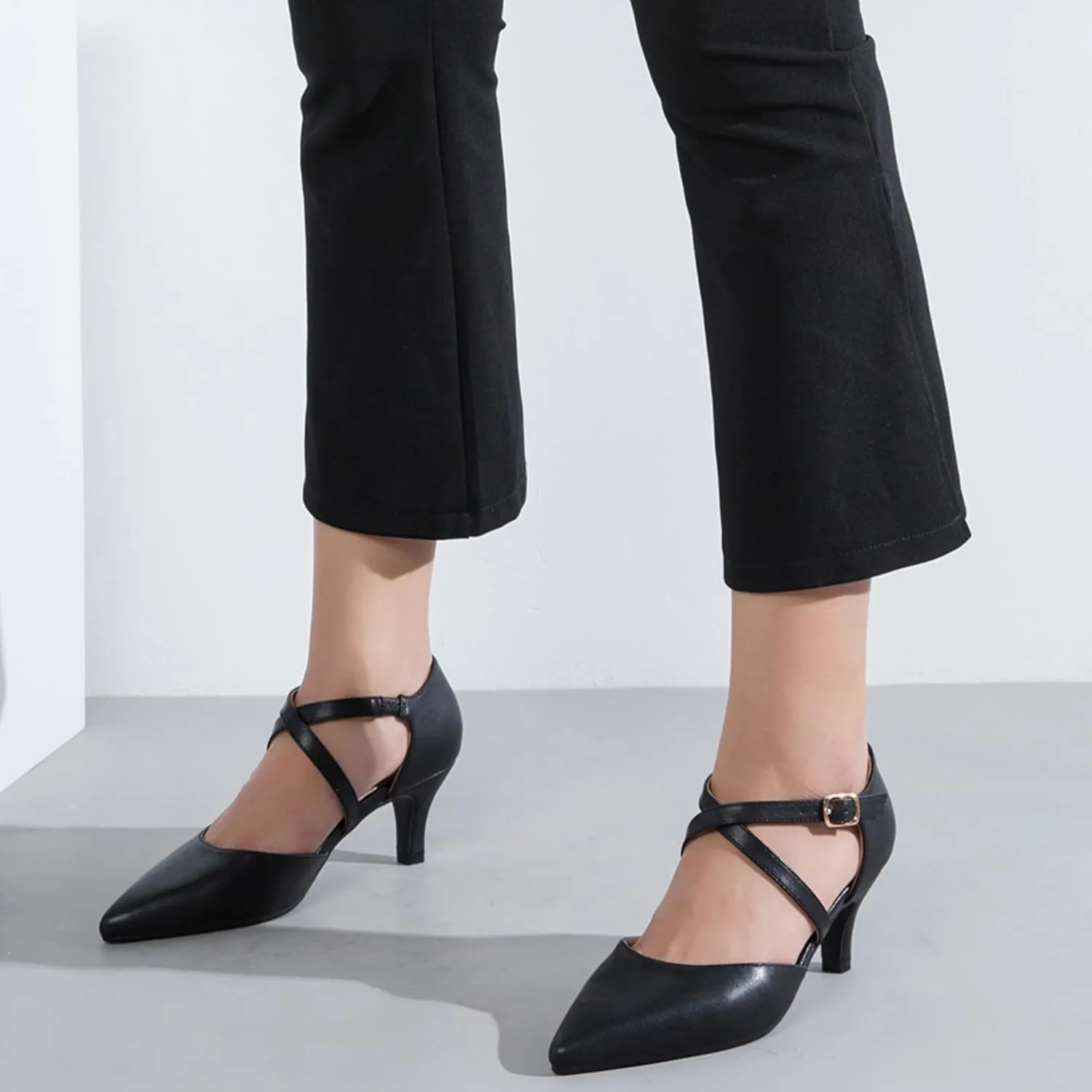 Women's Low Kitten Heels Pointed Toe Pumps Cross Strap Closed Toe D'Orsay Dress Wedding Bridal Party Office Shoes