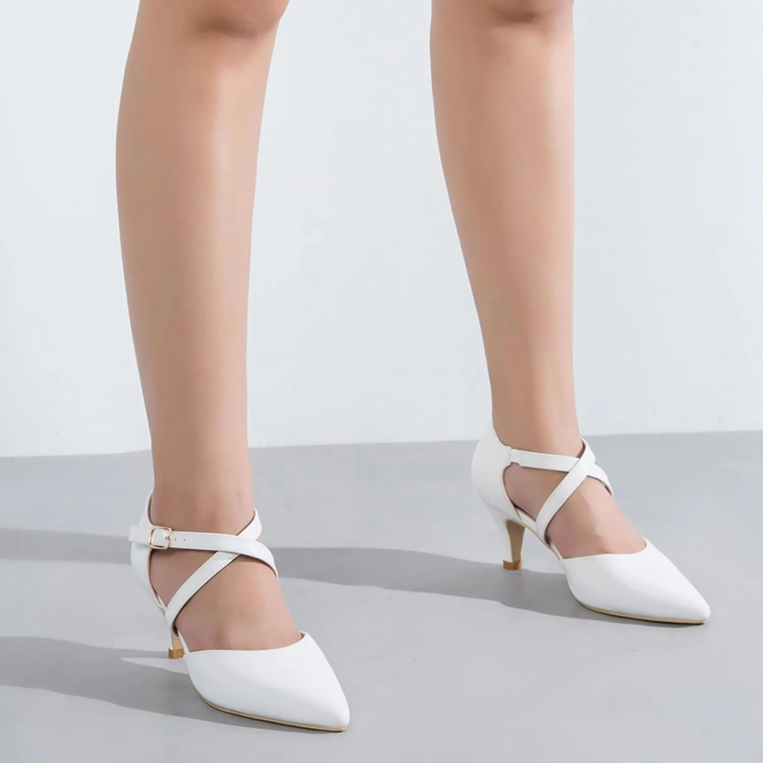 Women's Low Kitten Heels Pointed Toe Pumps Cross Strap Closed Toe D'Orsay Dress Wedding Bridal Party Office Shoes