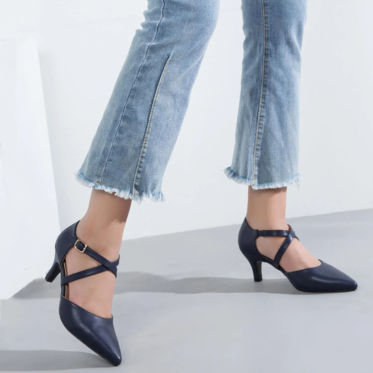 Women's Low Kitten Heels Pointed Toe Pumps Cross Strap Closed Toe D'Orsay Dress Wedding Bridal Party Office Shoes