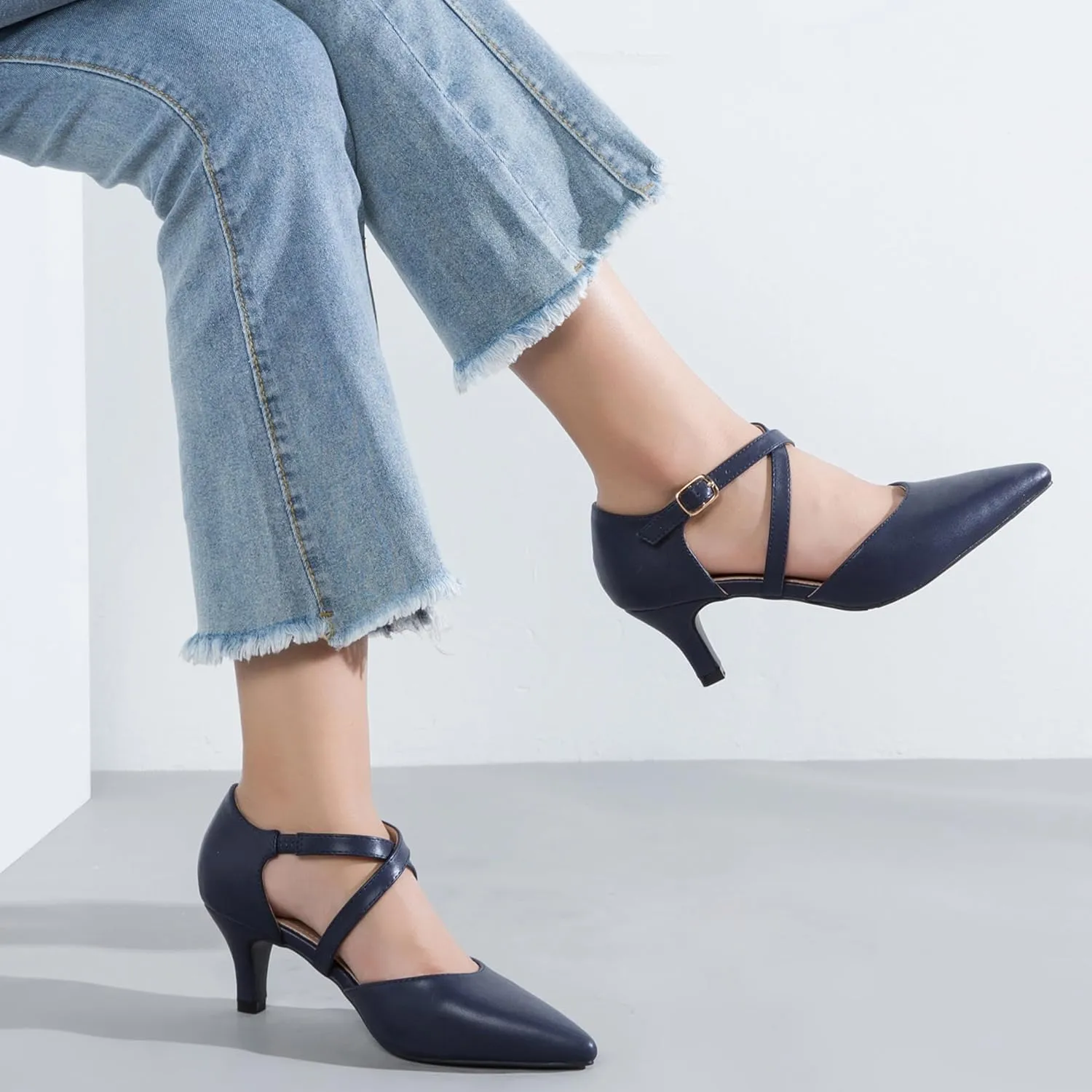 Women's Low Kitten Heels Pointed Toe Pumps Cross Strap Closed Toe D'Orsay Dress Wedding Bridal Party Office Shoes