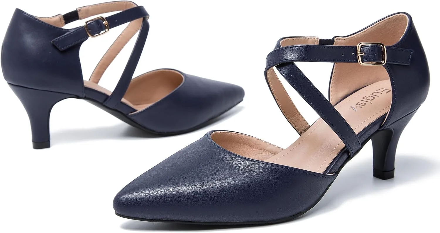 Women's Low Kitten Heels Pointed Toe Pumps Cross Strap Closed Toe D'Orsay Dress Wedding Bridal Party Office Shoes
