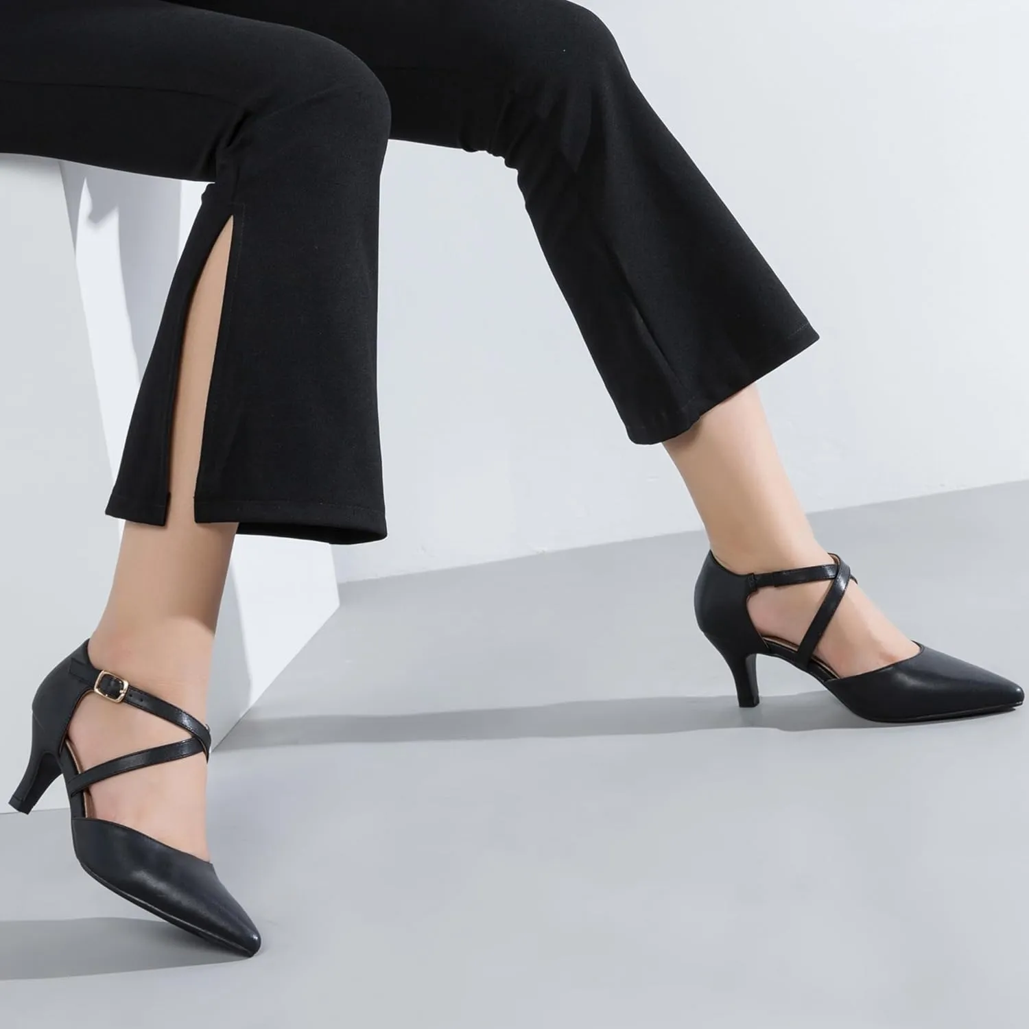 Women's Low Kitten Heels Pointed Toe Pumps Cross Strap Closed Toe D'Orsay Dress Wedding Bridal Party Office Shoes