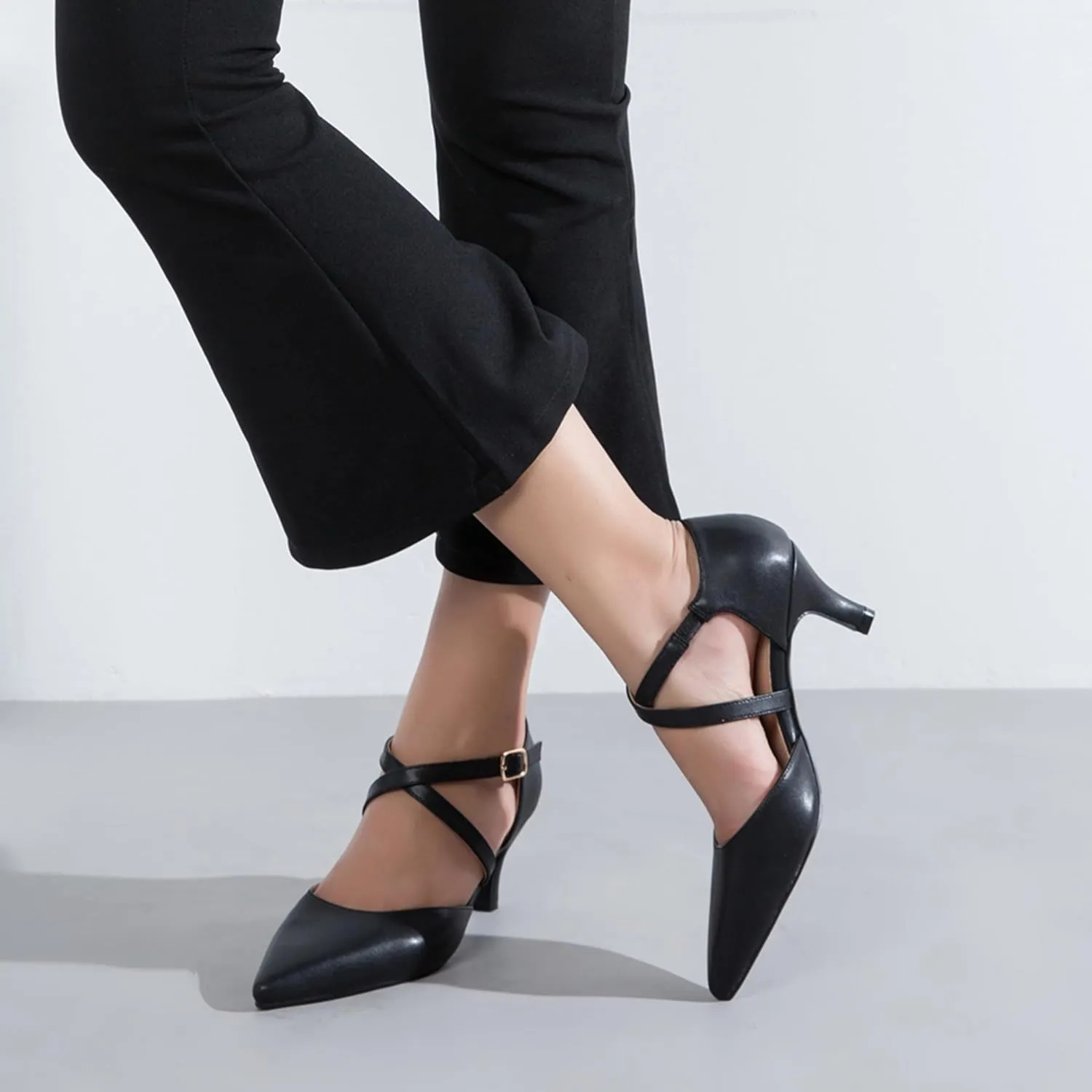 Women's Low Kitten Heels Pointed Toe Pumps Cross Strap Closed Toe D'Orsay Dress Wedding Bridal Party Office Shoes