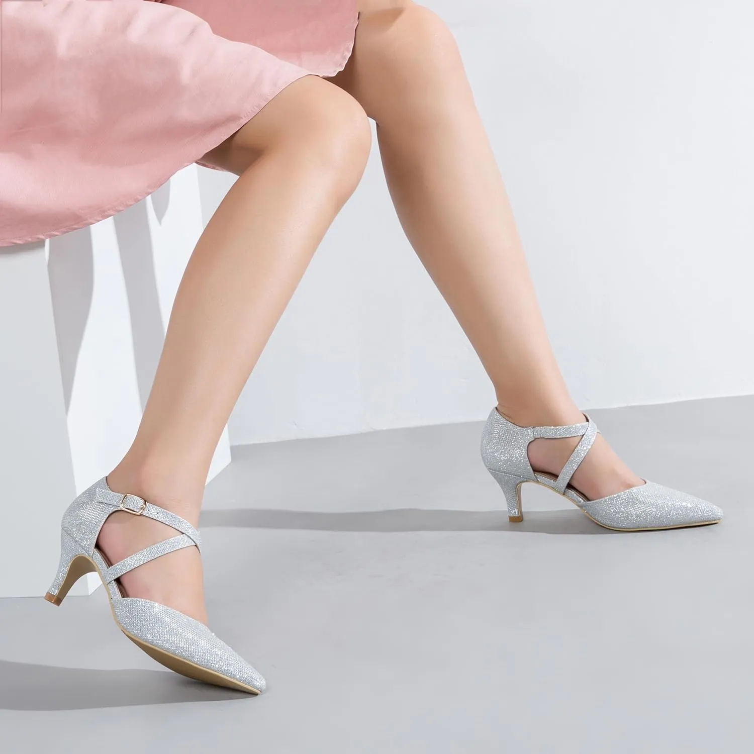 Women's Low Kitten Heels Pointed Toe Pumps Cross Strap Closed Toe D'Orsay Dress Wedding Bridal Party Office Shoes