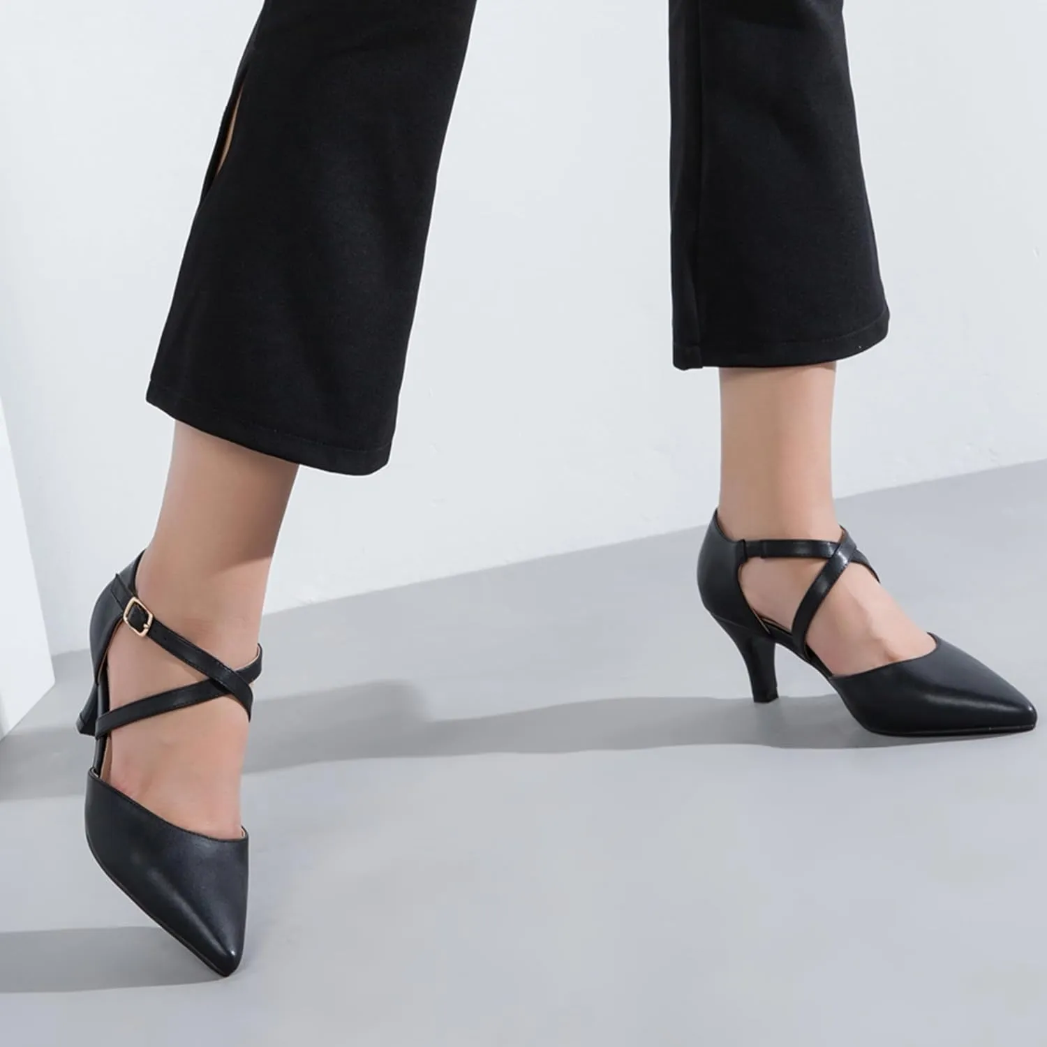 Women's Low Kitten Heels Pointed Toe Pumps Cross Strap Closed Toe D'Orsay Dress Wedding Bridal Party Office Shoes