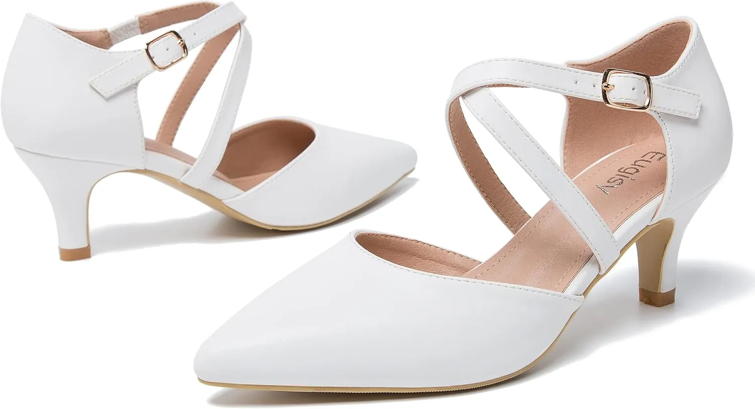 Women's Low Kitten Heels Pointed Toe Pumps Cross Strap Closed Toe D'Orsay Dress Wedding Bridal Party Office Shoes
