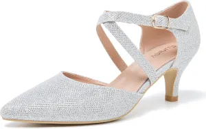 Women's Low Kitten Heels Pointed Toe Pumps Cross Strap Closed Toe D'Orsay Dress Wedding Bridal Party Office Shoes