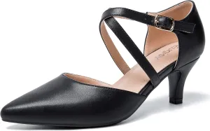 Women's Low Kitten Heels Pointed Toe Pumps Cross Strap Closed Toe D'Orsay Dress Wedding Bridal Party Office Shoes