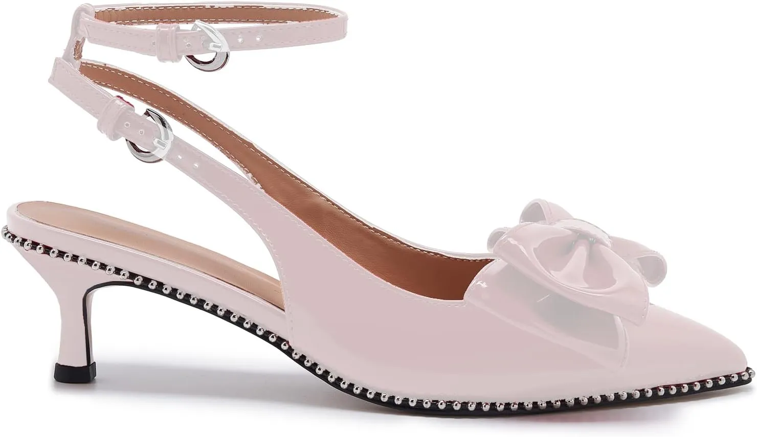 Women's Patent Leather Pointed Toe Slingback Heels  Elegant Burgundy Kitten Heels with Bow Detail and Ankle Strap, Studded Trim Dress Pumps for Party, Wedding, Evening