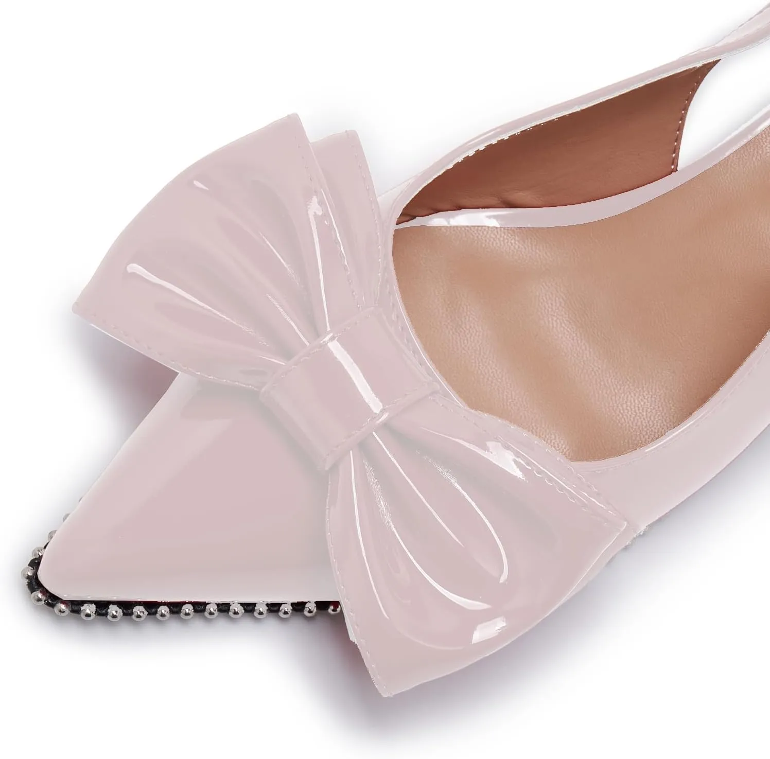 Women's Patent Leather Pointed Toe Slingback Heels  Elegant Burgundy Kitten Heels with Bow Detail and Ankle Strap, Studded Trim Dress Pumps for Party, Wedding, Evening