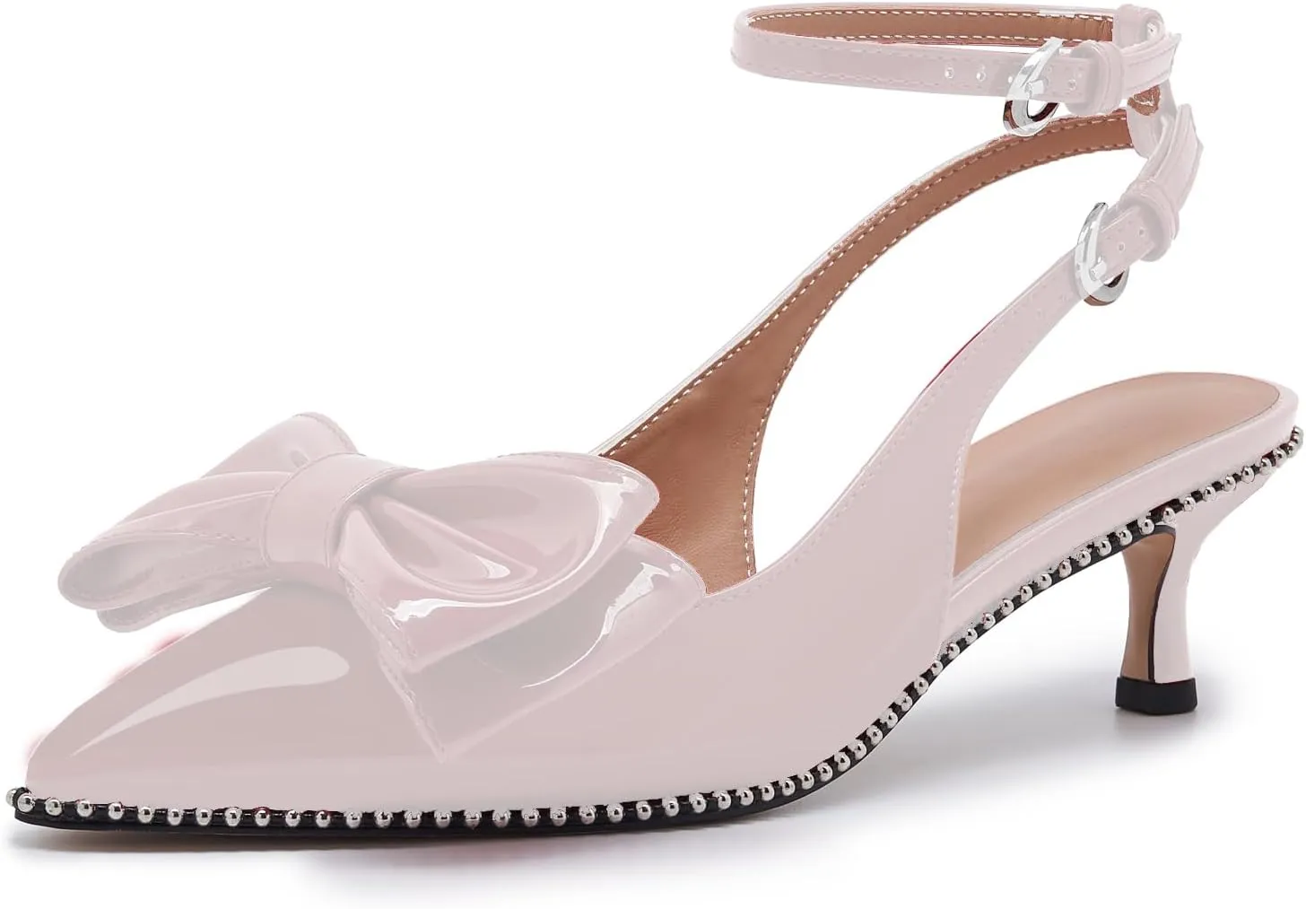 Women's Patent Leather Pointed Toe Slingback Heels  Elegant Burgundy Kitten Heels with Bow Detail and Ankle Strap, Studded Trim Dress Pumps for Party, Wedding, Evening