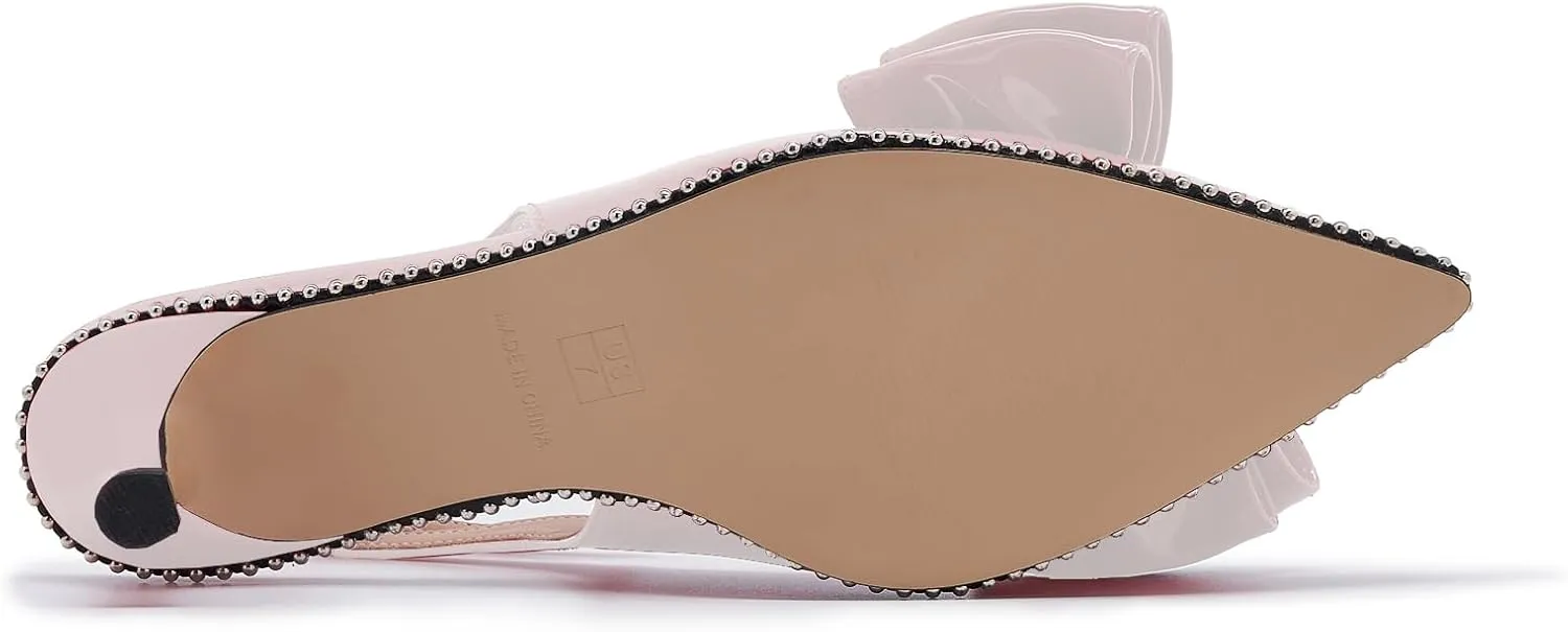 Women's Patent Leather Pointed Toe Slingback Heels  Elegant Burgundy Kitten Heels with Bow Detail and Ankle Strap, Studded Trim Dress Pumps for Party, Wedding, Evening