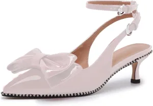 Women's Patent Leather Pointed Toe Slingback Heels  Elegant Burgundy Kitten Heels with Bow Detail and Ankle Strap, Studded Trim Dress Pumps for Party, Wedding, Evening