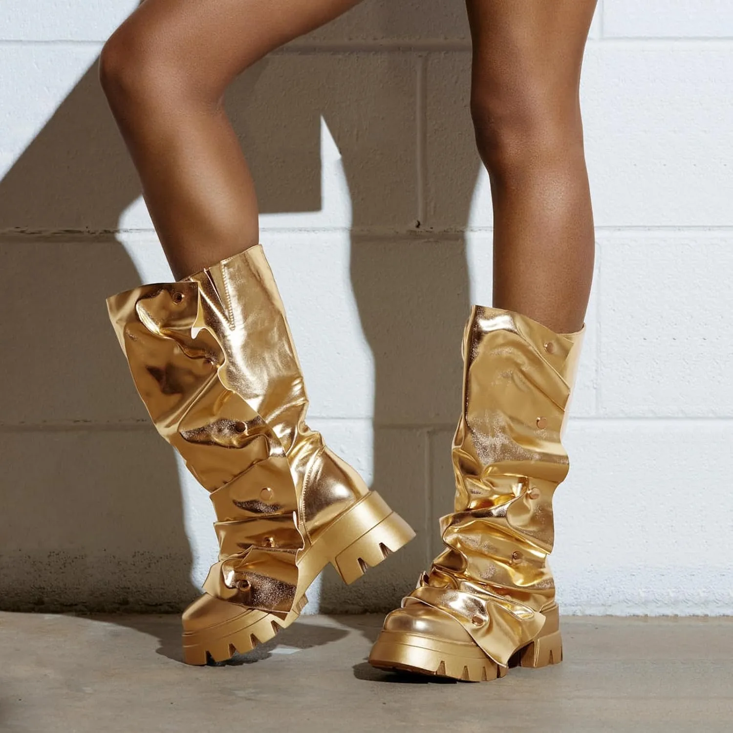 Women's Platform Fold Over Combat Boots Slouchy wide Calf chunky Heel Round Toe Western Pull on Fashion cute mardi gras shark Boot
