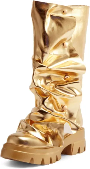 Women's Platform Fold Over Combat Boots Slouchy wide Calf chunky Heel Round Toe Western Pull on Fashion cute mardi gras shark Boot