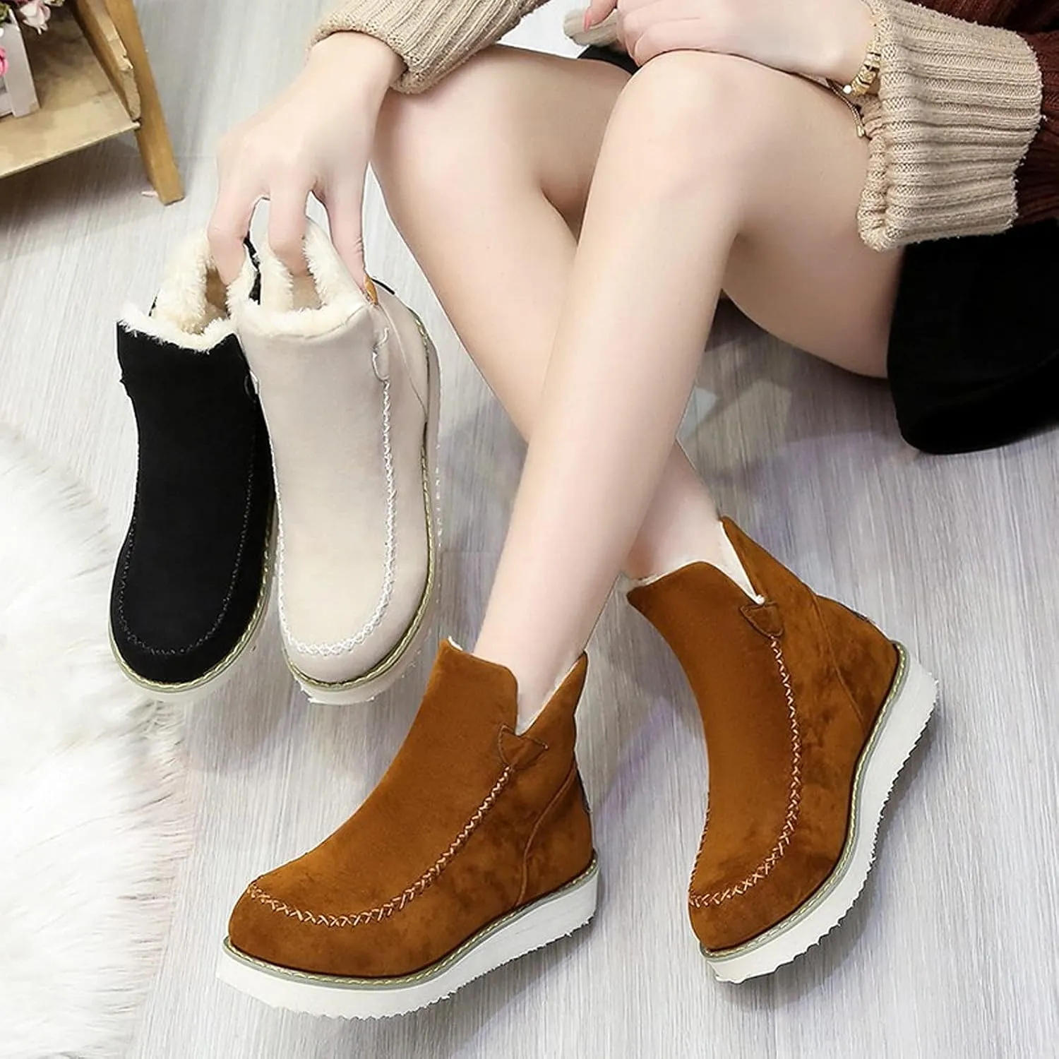 Women's Platform Snow Boots Fashion Pointed Toe Plus Velvet Keep Warm Ankle Boots Comfortable Soft Ladies Outdoor Mid-Heel Cotton Boots Shoes