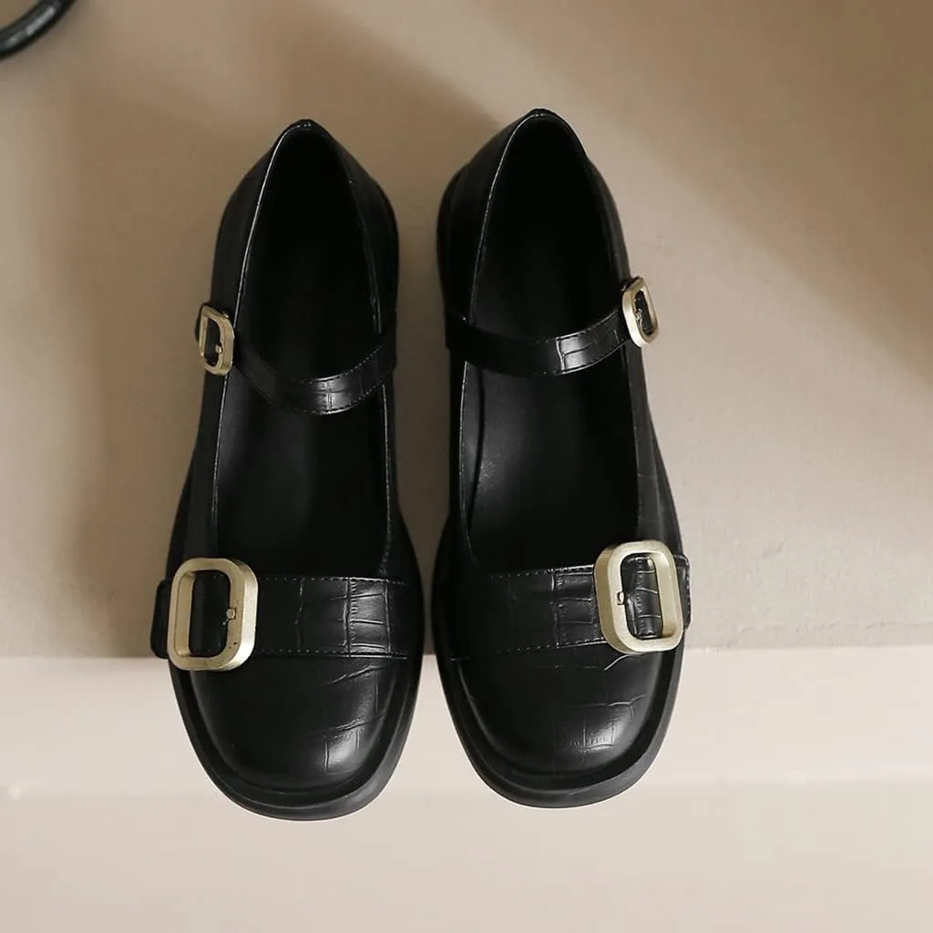 Women's Vintage Mary Jane Oxford Shoes Flats Round Toe Leather Buckle Strap Low Heel Girls Dress Shoe