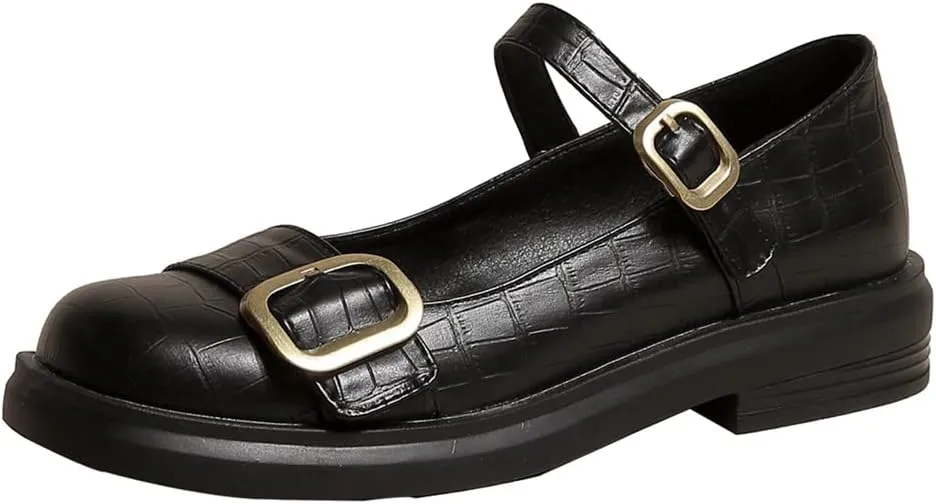 Women's Vintage Mary Jane Oxford Shoes Flats Round Toe Leather Buckle Strap Low Heel Girls Dress Shoe