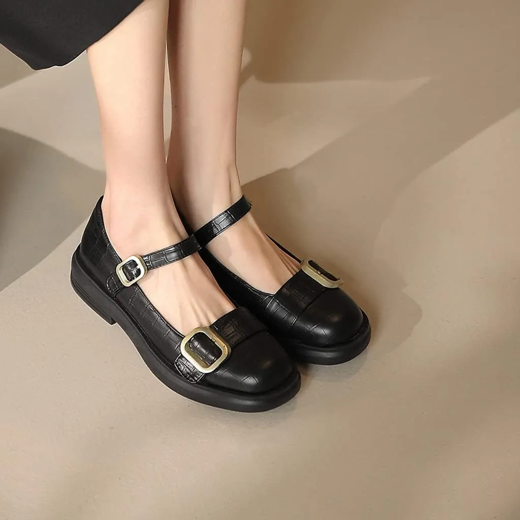 Women's Vintage Mary Jane Oxford Shoes Flats Round Toe Leather Buckle Strap Low Heel Girls Dress Shoe