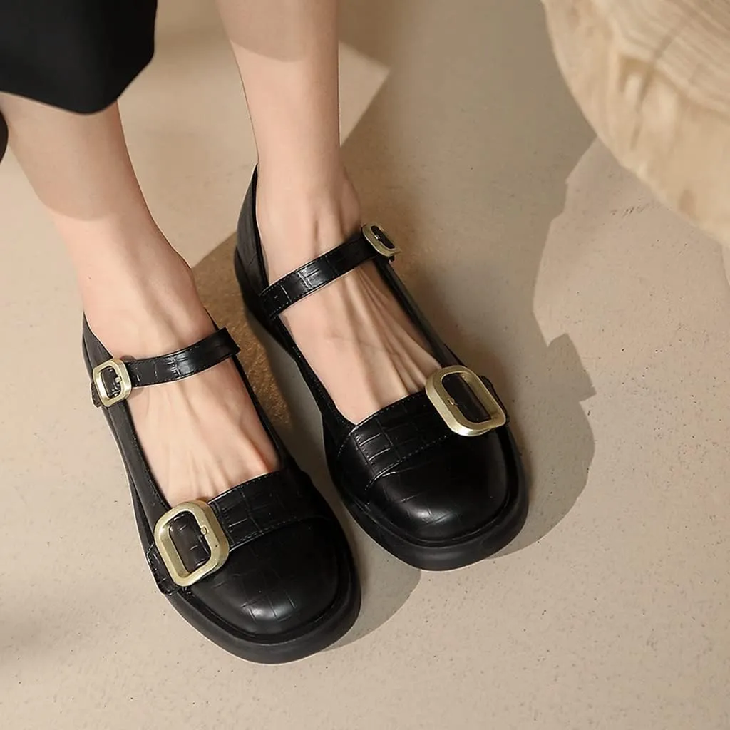 Women's Vintage Mary Jane Oxford Shoes Flats Round Toe Leather Buckle Strap Low Heel Girls Dress Shoe