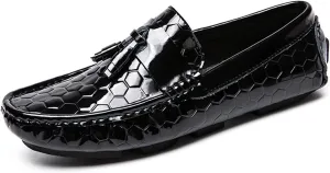 WOUND Mens Shoe Men's Loafers Genuine Leather Round Toe Tassel Patent Leather Hexagon Embossed Comfortable Resistant Lightweight Classic Driving Slip On (Color : Black, Size : 8.5)