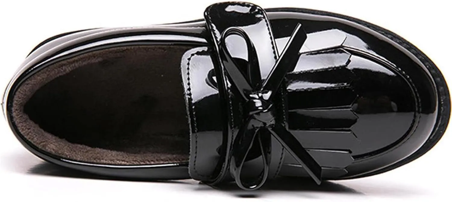 WUIWUIYU Girl's School Uniform Shoes Bow Cute Dress Oxfords Slip-on Hook-and-Loop Flats Shoes