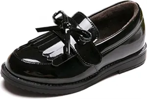 WUIWUIYU Girl's School Uniform Shoes Bow Cute Dress Oxfords Slip-on Hook-and-Loop Flats Shoes