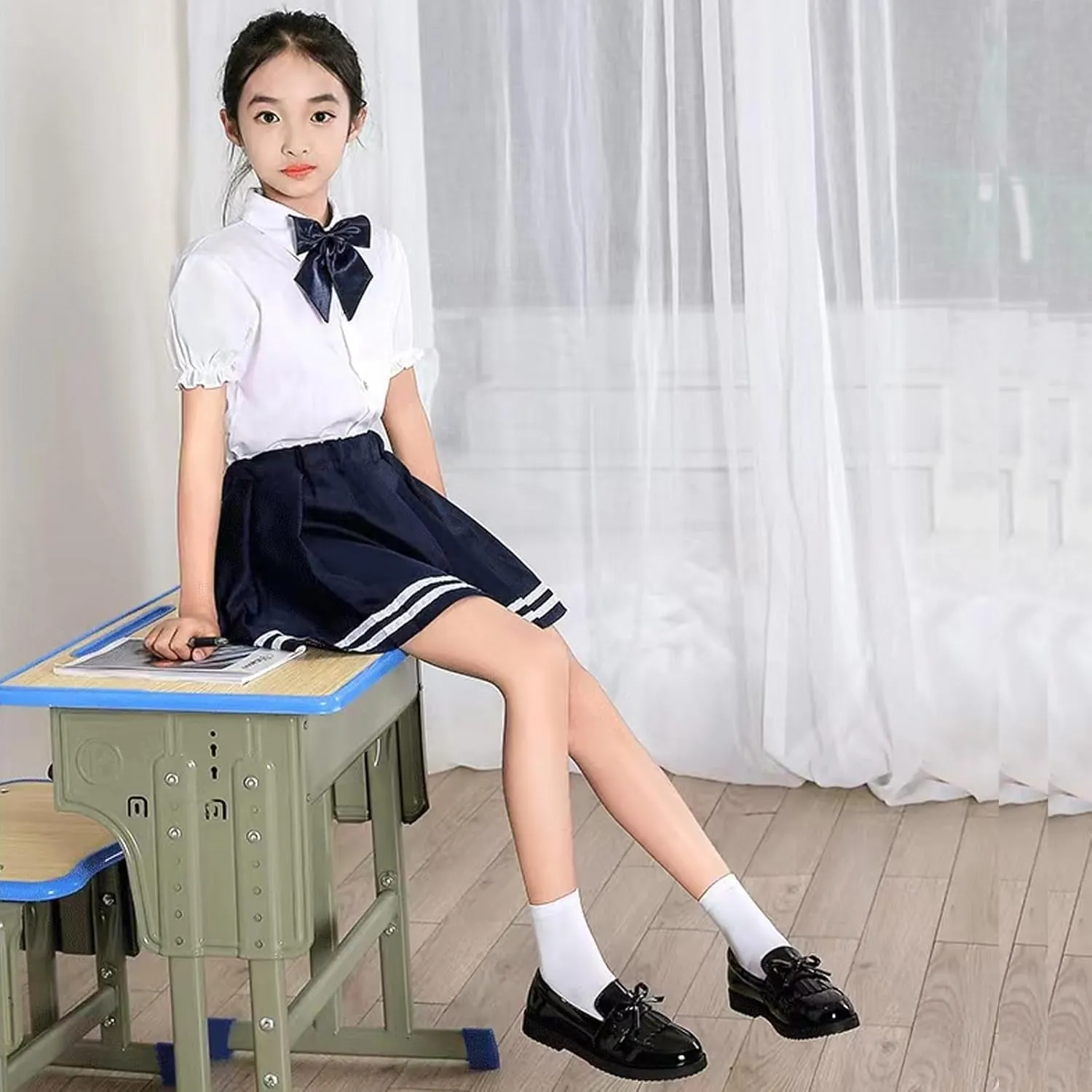 WUIWUIYU Girl's School Uniform Shoes Bow Cute Dress Oxfords Slip-on Hook-and-Loop Flats Shoes