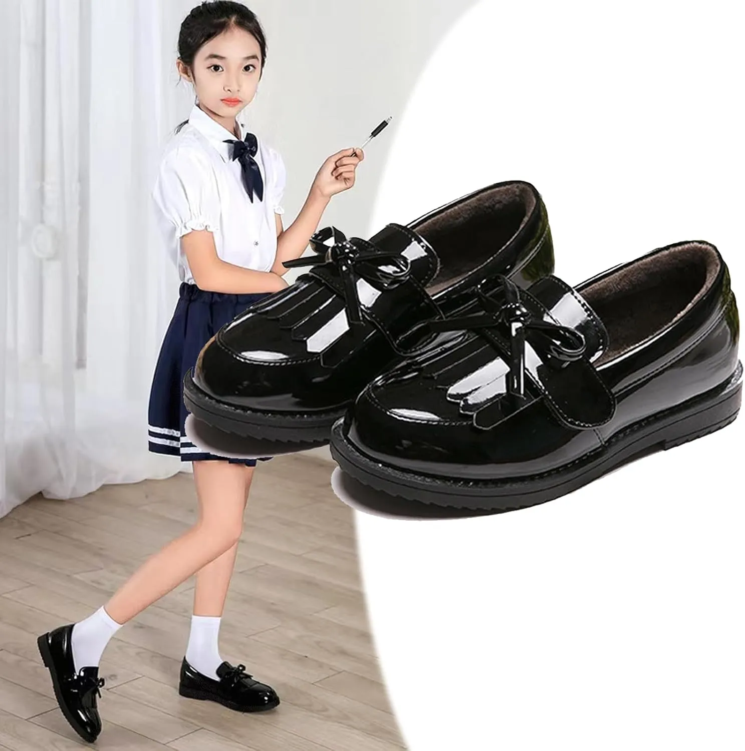 WUIWUIYU Girl's School Uniform Shoes Bow Cute Dress Oxfords Slip-on Hook-and-Loop Flats Shoes