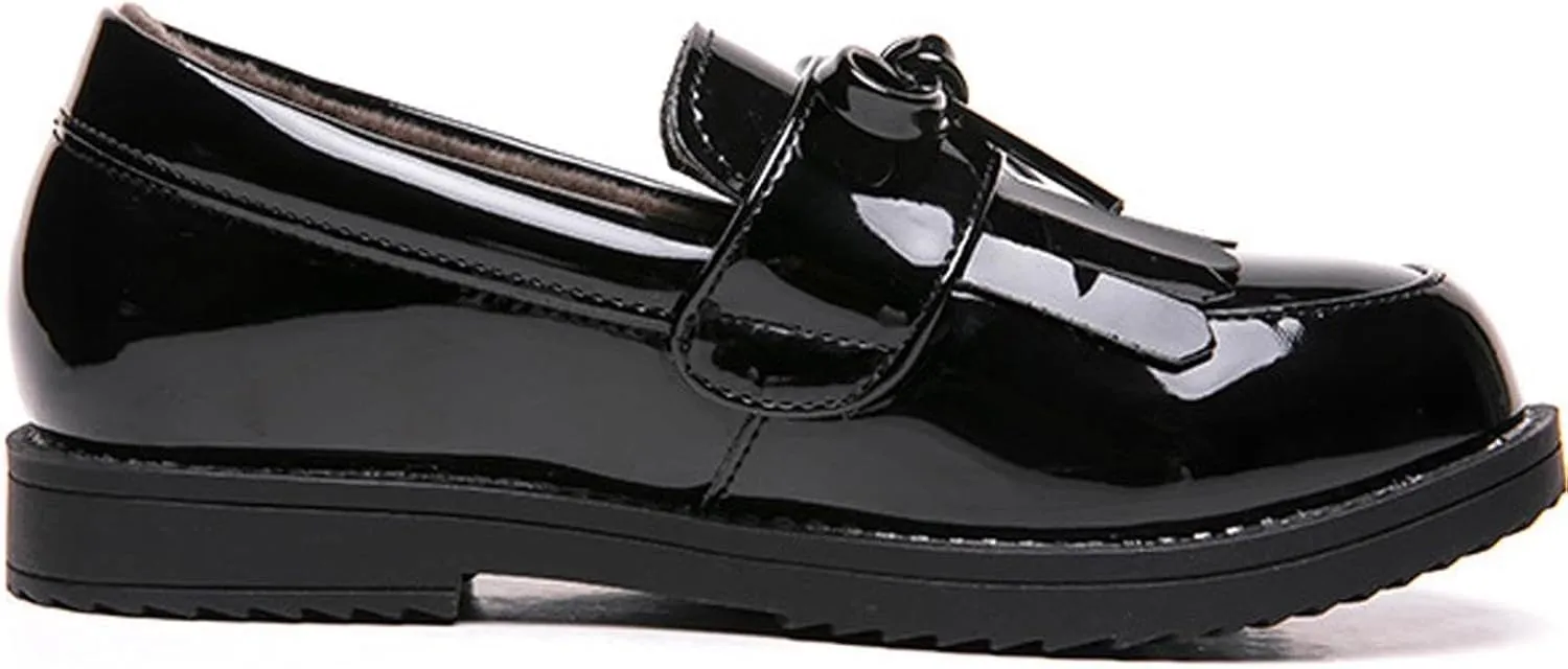 WUIWUIYU Girl's School Uniform Shoes Bow Cute Dress Oxfords Slip-on Hook-and-Loop Flats Shoes