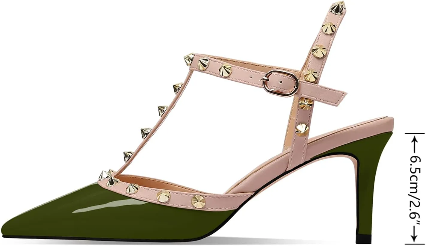 XINIUNIU Studded Heels for Women Kitten Heels with Studs Stiletto Sandals with Rivet Ankle Strap Patent Leather Pointy Toe 2.5 Inch Party Daily Wear Evening Sandals