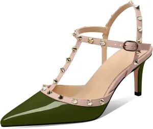 XINIUNIU Studded Heels for Women Kitten Heels with Studs Stiletto Sandals with Rivet Ankle Strap Patent Leather Pointy Toe 2.5 Inch Party Daily Wear Evening Sandals