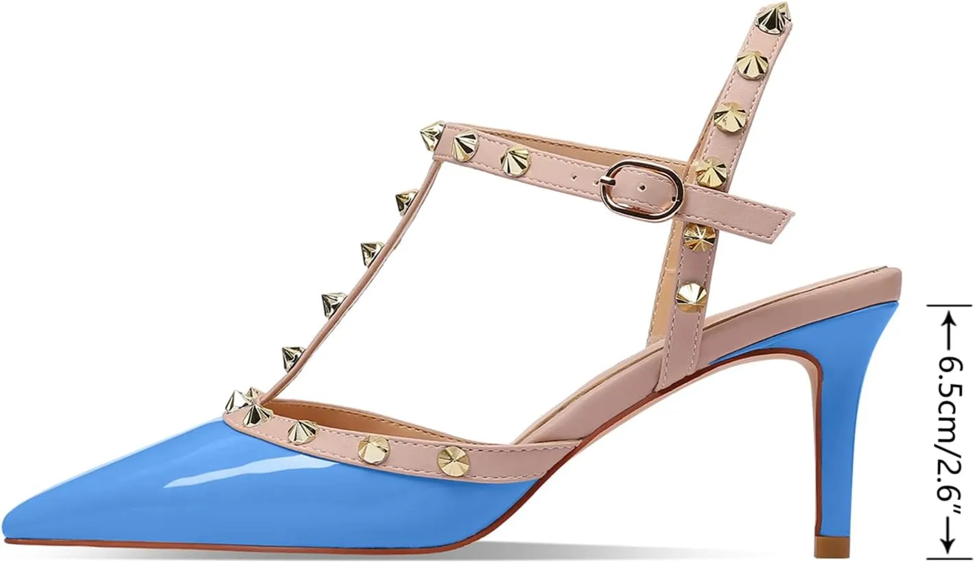 XINIUNIU Studded Heels for Women Kitten Heels with Studs Stiletto Sandals with Rivet Ankle Strap Patent Leather Pointy Toe 2.5 Inch Party Daily Wear Evening Sandals