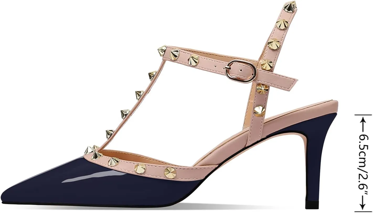 XINIUNIU Studded Heels for Women Kitten Heels with Studs Stiletto Sandals with Rivet Ankle Strap Patent Leather Pointy Toe 2.5 Inch Party Daily Wear Evening Sandals