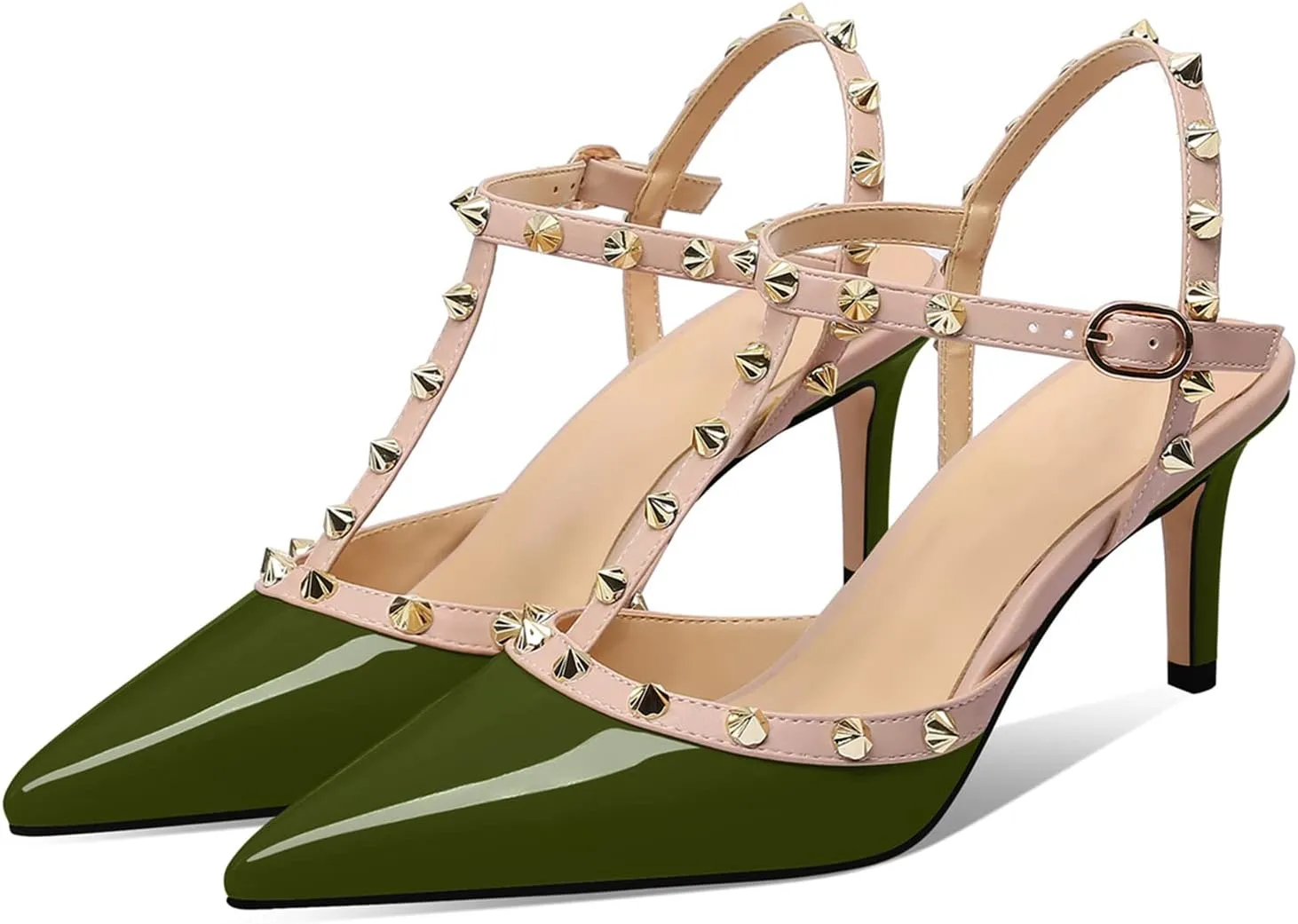 XINIUNIU Studded Heels for Women Kitten Heels with Studs Stiletto Sandals with Rivet Ankle Strap Patent Leather Pointy Toe 2.5 Inch Party Daily Wear Evening Sandals