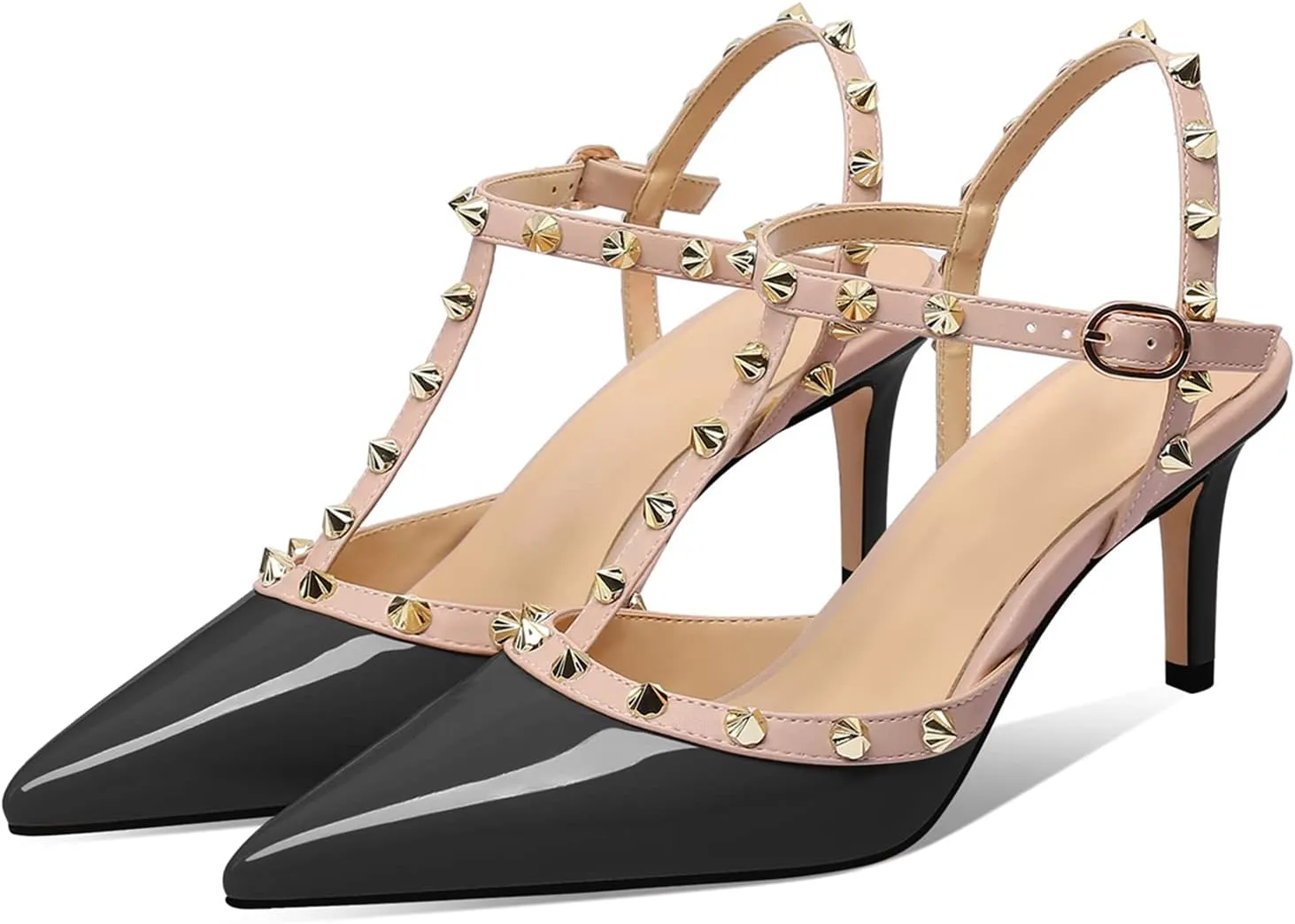 XINIUNIU Studded Heels for Women Kitten Heels with Studs Stiletto Sandals with Rivet Ankle Strap Patent Leather Pointy Toe 2.5 Inch Party Daily Wear Evening Sandals