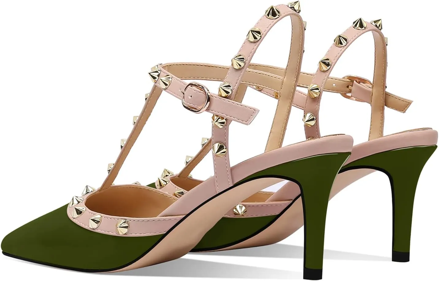 XINIUNIU Studded Heels for Women Kitten Heels with Studs Stiletto Sandals with Rivet Ankle Strap Patent Leather Pointy Toe 2.5 Inch Party Daily Wear Evening Sandals