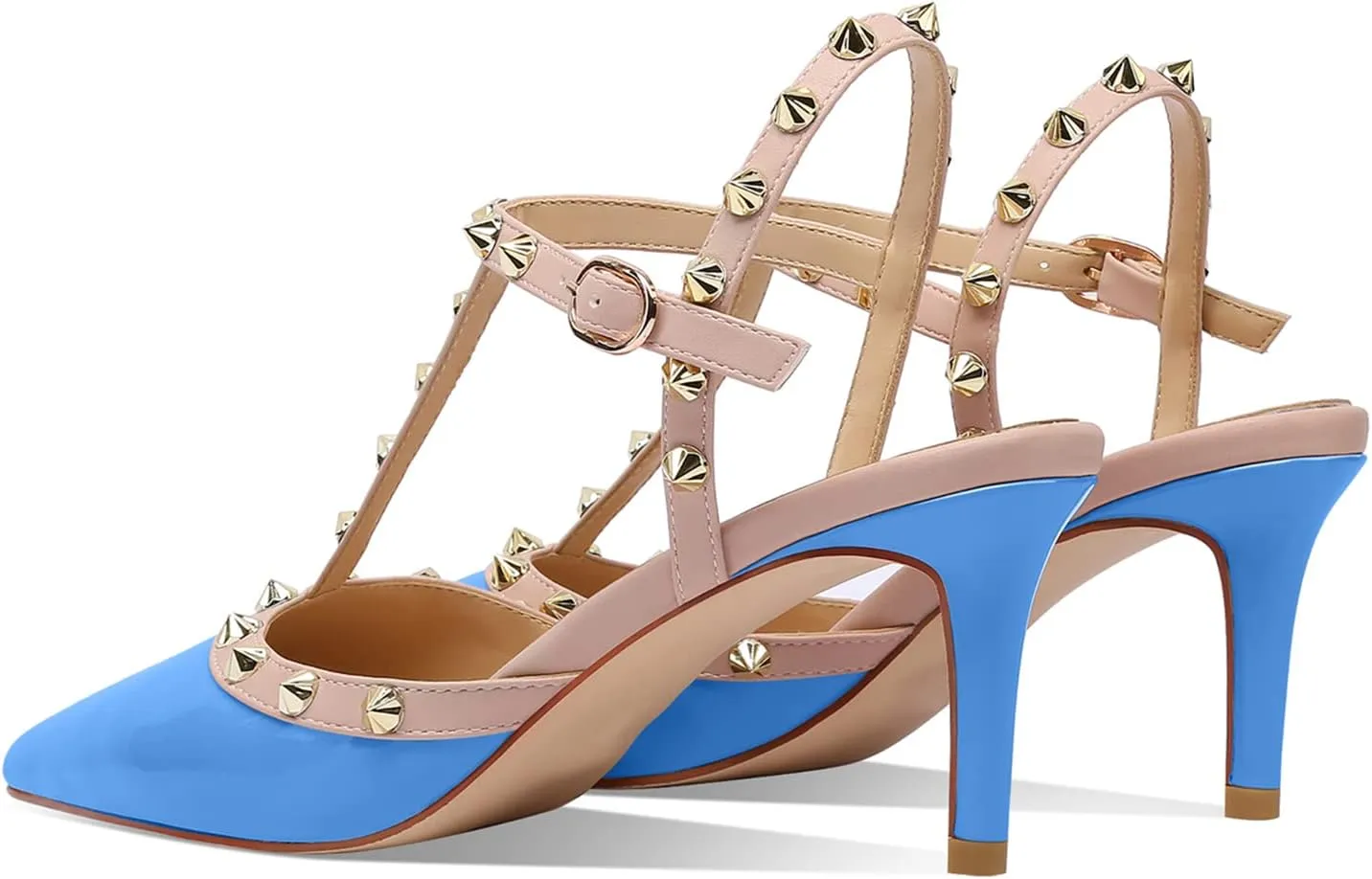 XINIUNIU Studded Heels for Women Kitten Heels with Studs Stiletto Sandals with Rivet Ankle Strap Patent Leather Pointy Toe 2.5 Inch Party Daily Wear Evening Sandals