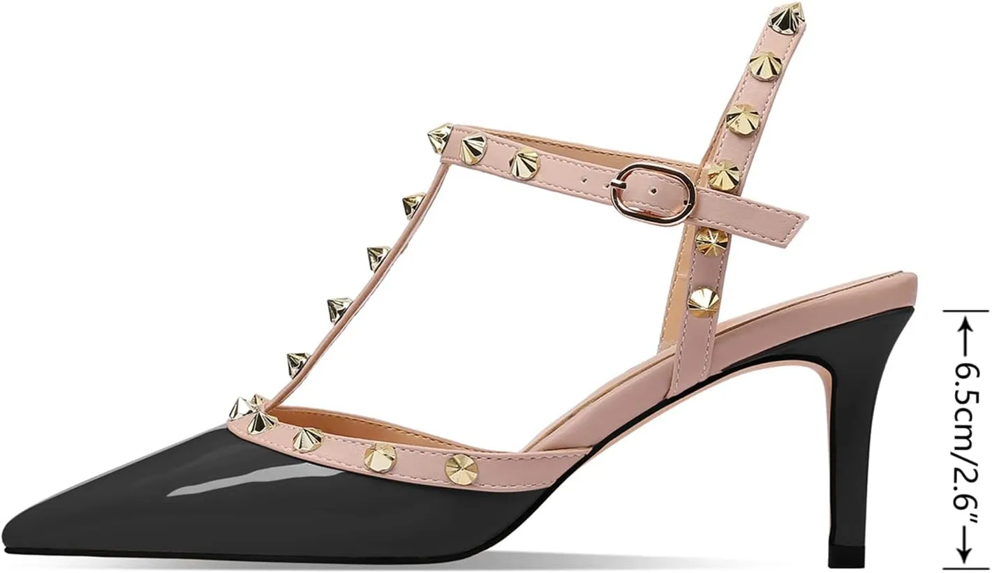 XINIUNIU Studded Heels for Women Kitten Heels with Studs Stiletto Sandals with Rivet Ankle Strap Patent Leather Pointy Toe 2.5 Inch Party Daily Wear Evening Sandals