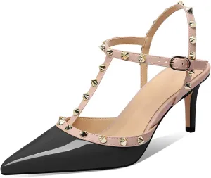 XINIUNIU Studded Heels for Women Kitten Heels with Studs Stiletto Sandals with Rivet Ankle Strap Patent Leather Pointy Toe 2.5 Inch Party Daily Wear Evening Sandals