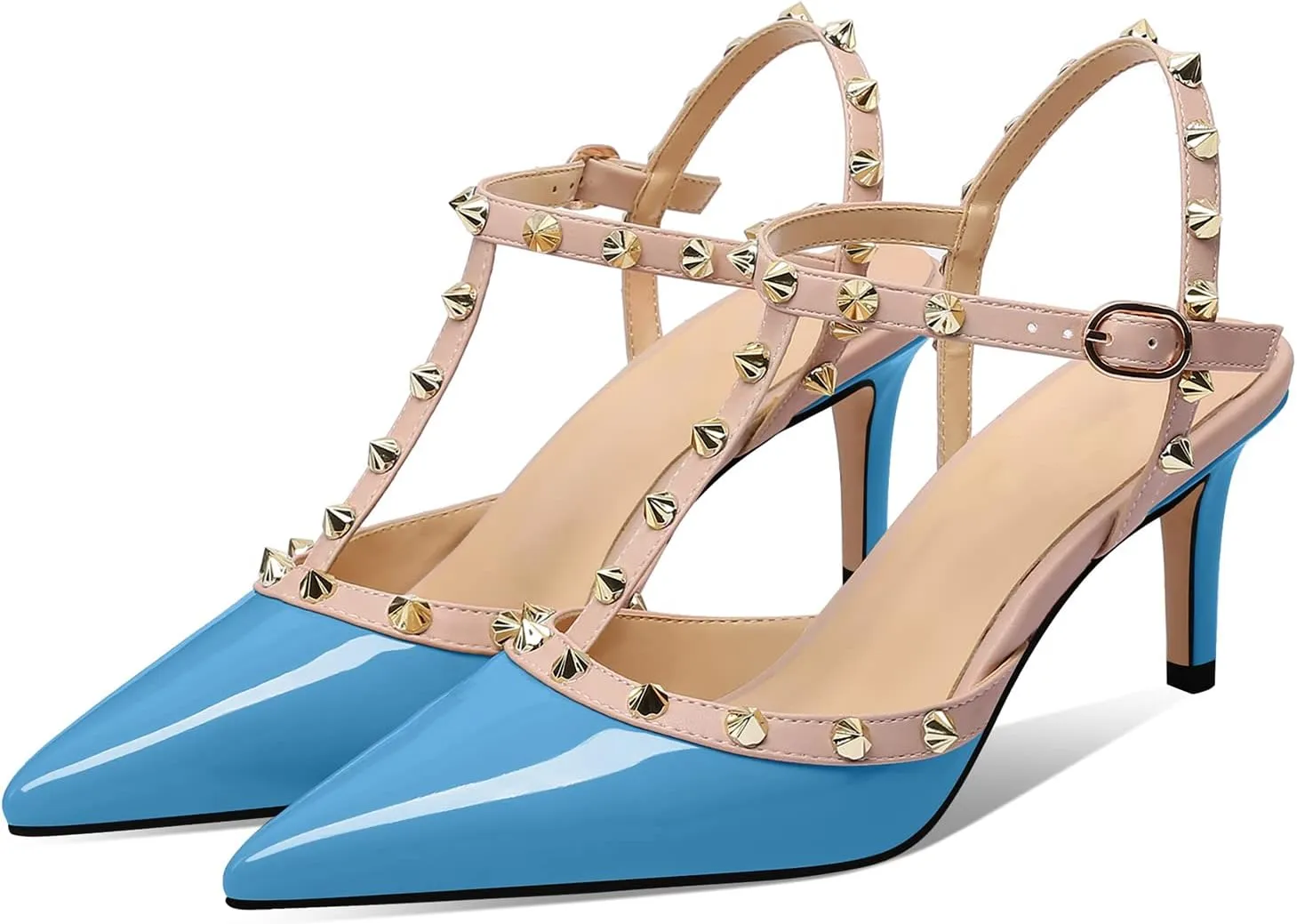 XINIUNIU Studded Heels for Women Kitten Heels with Studs Stiletto Sandals with Rivet Ankle Strap Patent Leather Pointy Toe 2.5 Inch Party Daily Wear Evening Sandals