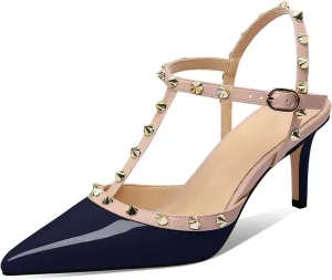 XINIUNIU Studded Heels for Women Kitten Heels with Studs Stiletto Sandals with Rivet Ankle Strap Patent Leather Pointy Toe 2.5 Inch Party Daily Wear Evening Sandals