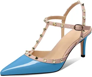 XINIUNIU Studded Heels for Women Kitten Heels with Studs Stiletto Sandals with Rivet Ankle Strap Patent Leather Pointy Toe 2.5 Inch Party Daily Wear Evening Sandals