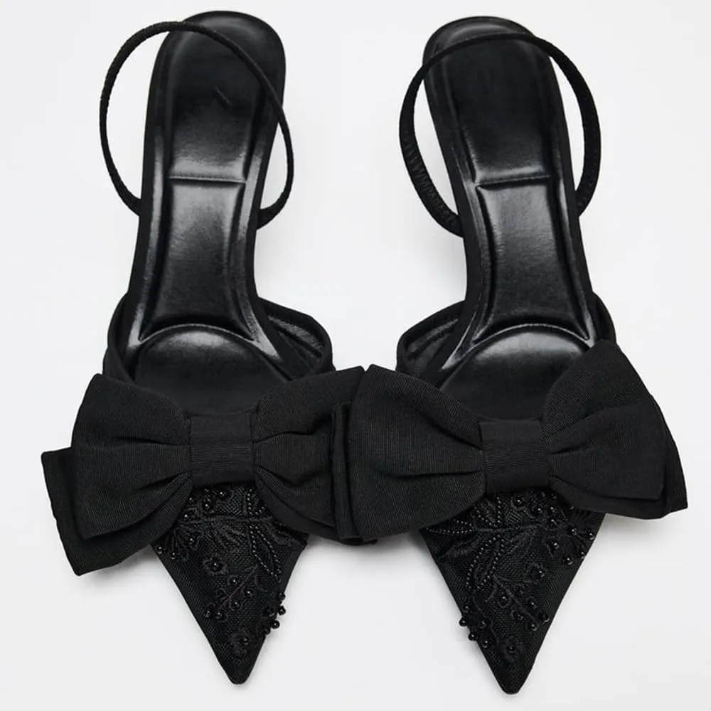YIYA Women's Black Embroidered Mesh Slingback Kitten Heels with Cute Bow Closed Pointed Toe Stiletto Heels Party Dress Slip On Pumps Shoes