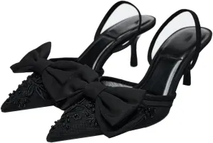 YIYA Women's Black Embroidered Mesh Slingback Kitten Heels with Cute Bow Closed Pointed Toe Stiletto Heels Party Dress Slip On Pumps Shoes
