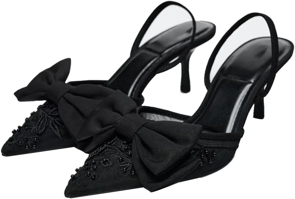 YIYA Women's Black Embroidered Mesh Slingback Kitten Heels with Cute Bow Closed Pointed Toe Stiletto Heels Party Dress Slip On Pumps Shoes