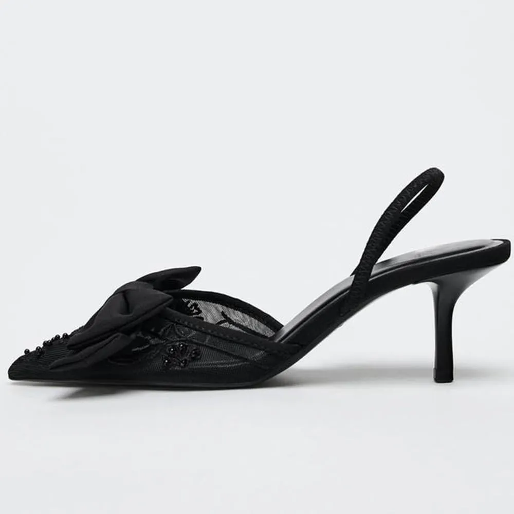 YIYA Women's Black Embroidered Mesh Slingback Kitten Heels with Cute Bow Closed Pointed Toe Stiletto Heels Party Dress Slip On Pumps Shoes