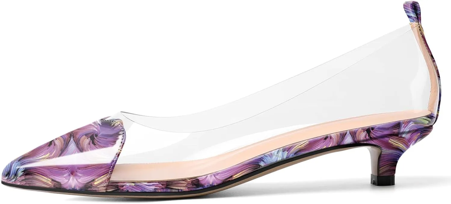 YODEKS Women Clear Heels Low Kitten Heel Pumps Slip On 1.5 Inch Pointed Cap Toe Dress Shoes