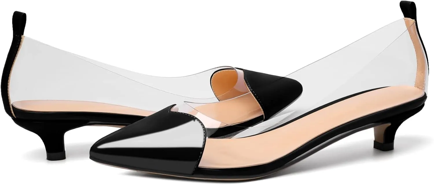 YODEKS Women Clear Heels Low Kitten Heel Pumps Slip On 1.5 Inch Pointed Cap Toe Dress Shoes